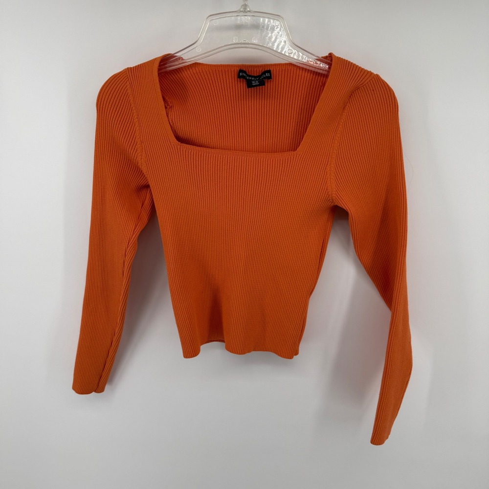 Sincerely Jules Womens Orange Ribbed Knit Square Neck Long Sleeve Top Size M